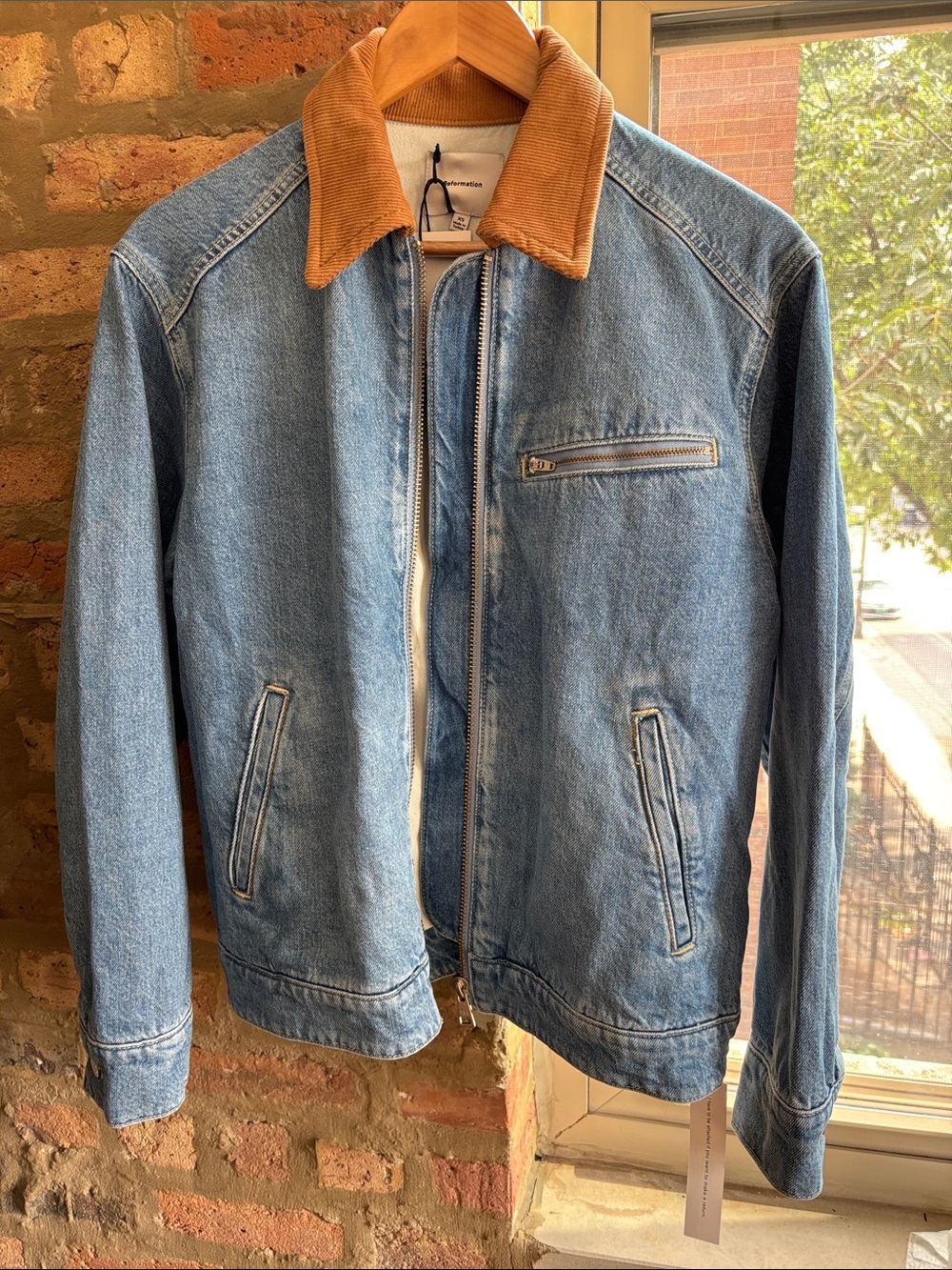 Reformation, Retro Denim Jacket with Contrast Corduroy Collar, NWT